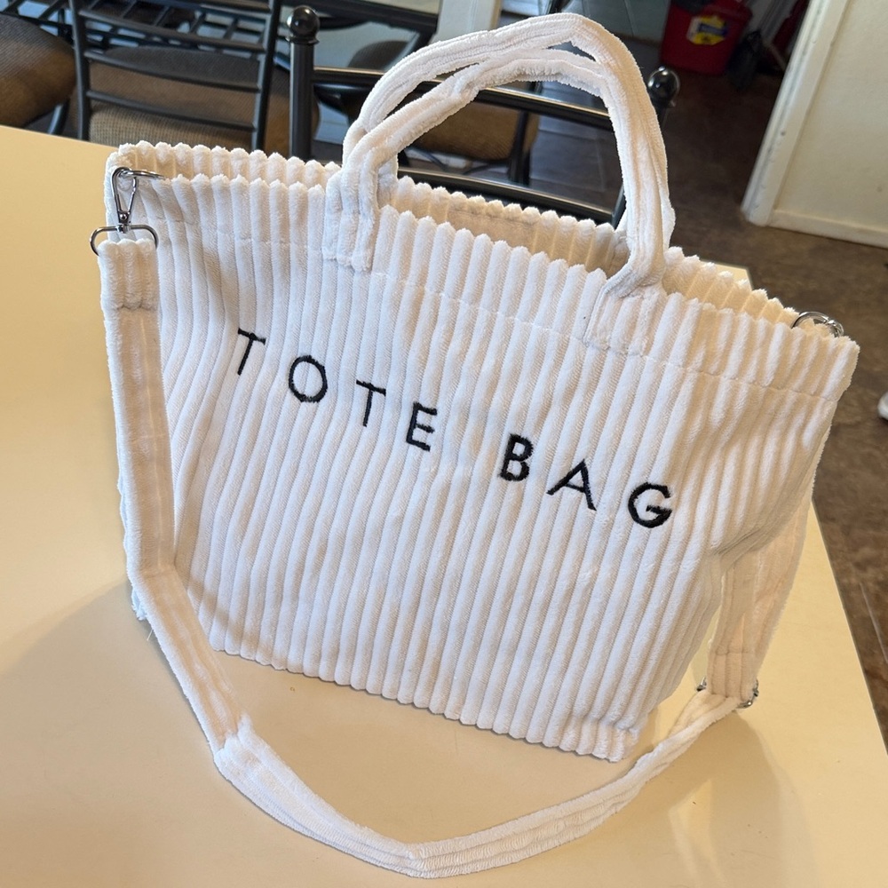 White Corduroy Tote Bag with Shoulder Strap
